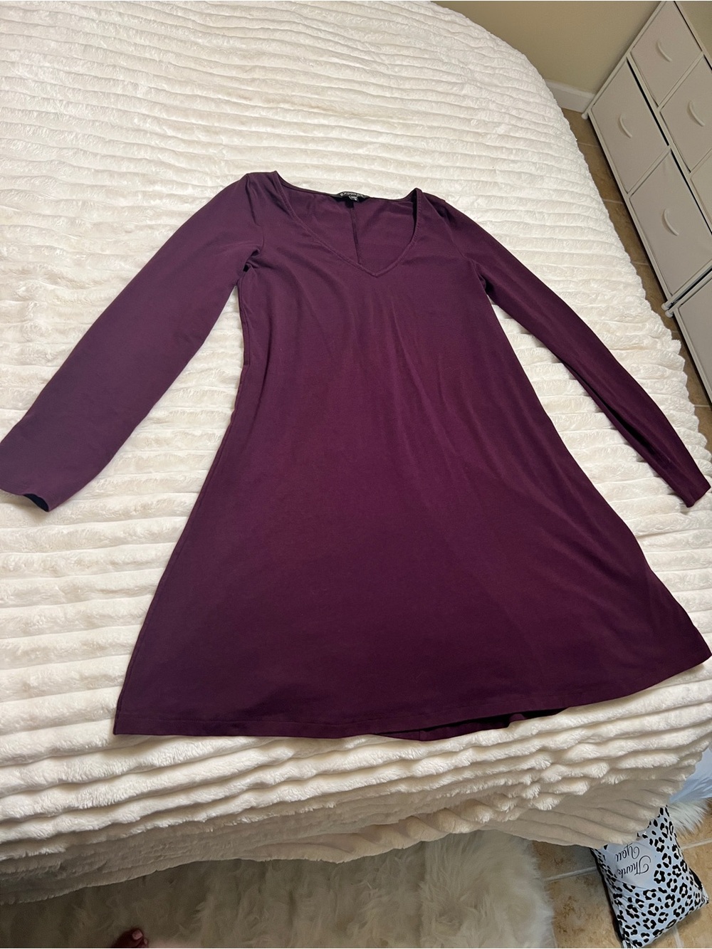 Express Women’s V-Neck Long Sleeve A-Line Dress - Deep Plum